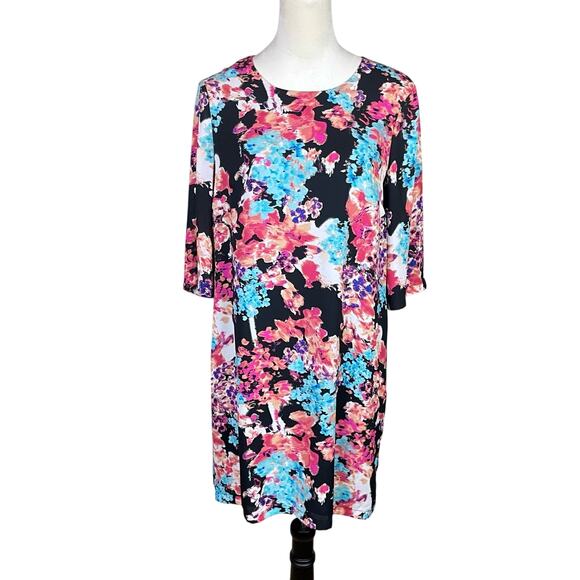 Charles Henry Black Colorful Pink Floral Print Chiffon Mini Shift Dress - Picture 1 of 12